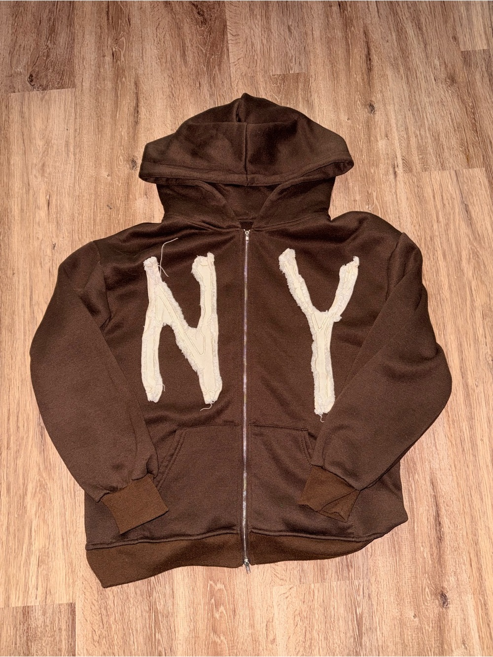 Men’s Brown Hooded Zip Sweater with White NY Letters
